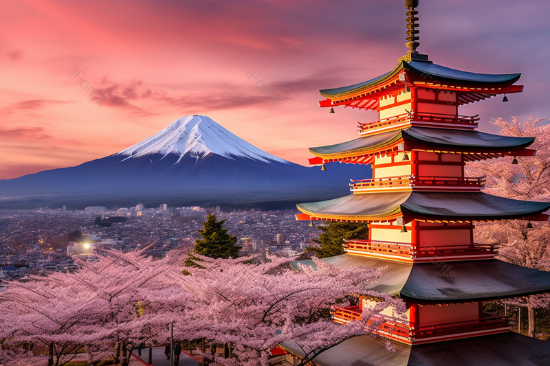 春季日本富士山高塔建筑风景,高清,摄影图,摄影图片,图片大全,摄影图免费下载